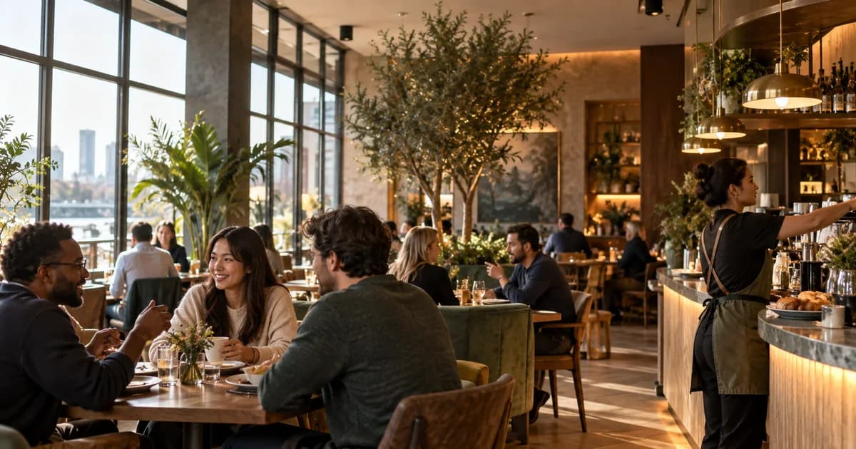 Guests sharing coffee in a warmly lit independent cafe while staff work behind the counter