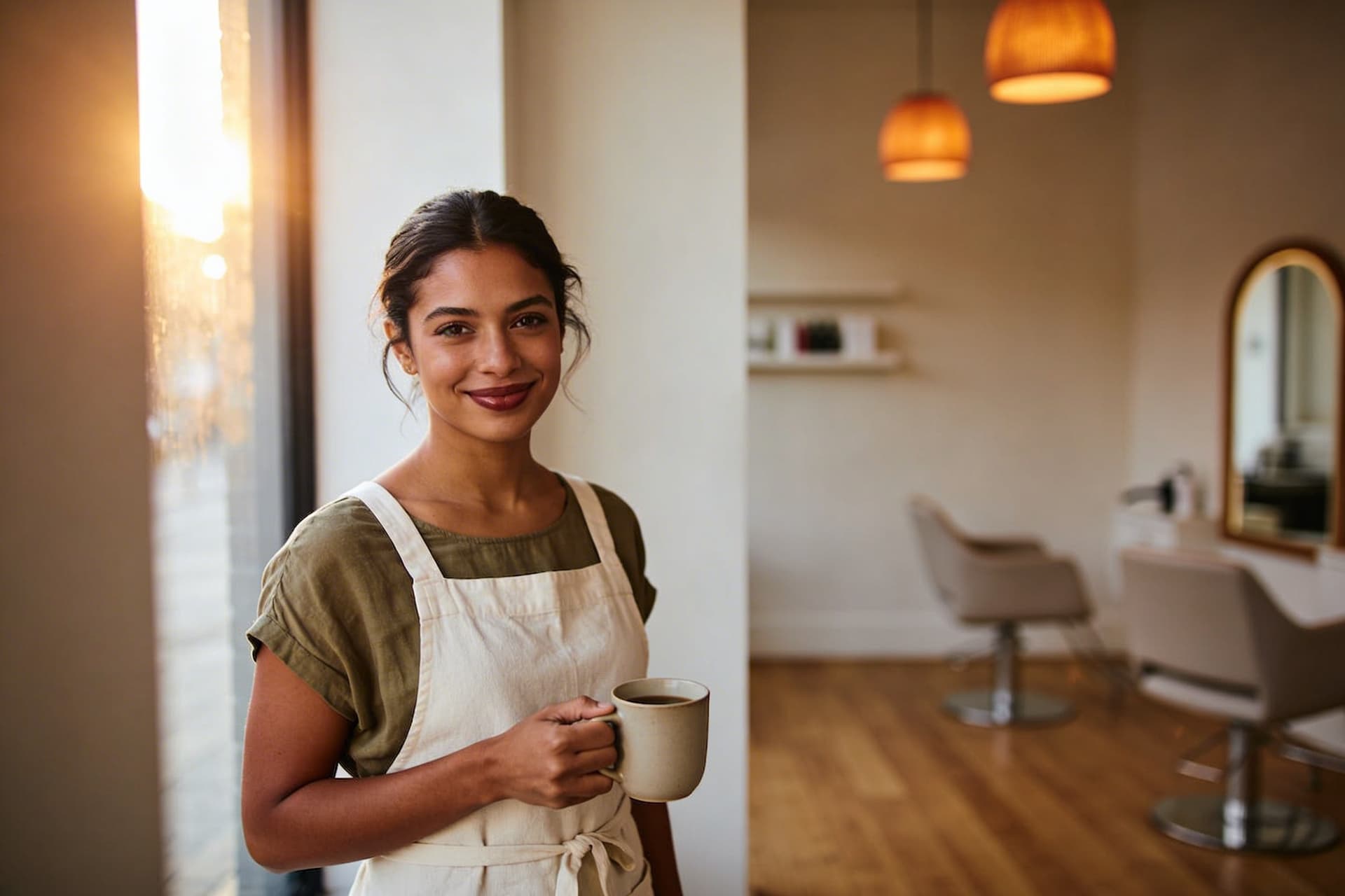 A salon owner enjoying a calm morning in her warm, minimalist hair salon before clients arrive