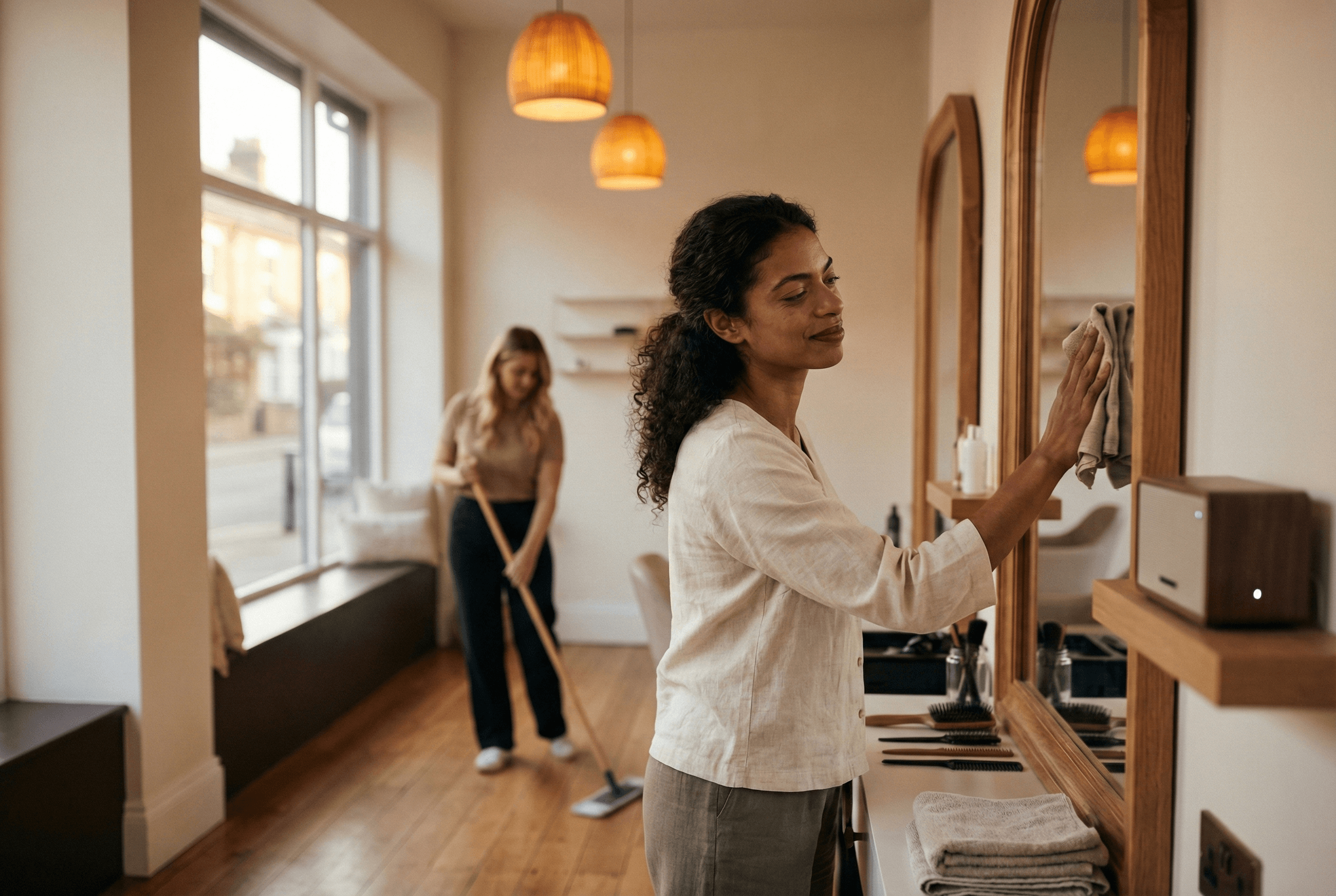 Business owner winding down at the end of a long day, soft music playing in the background
