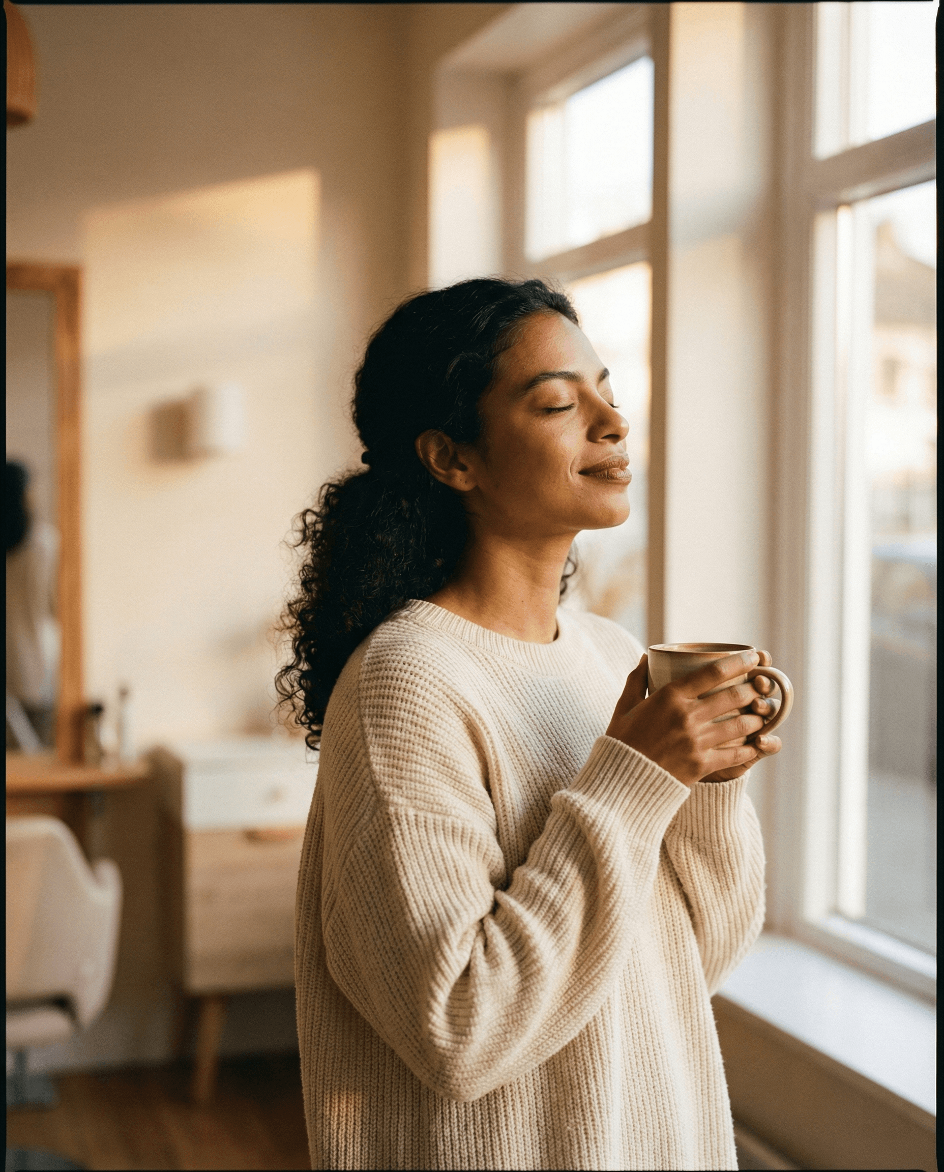 A salon owner enjoying a quiet, private music moment — the calm before the day begins